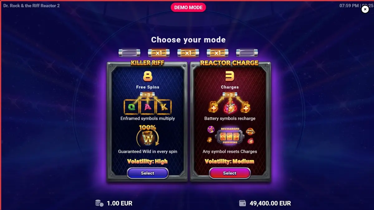Dr. Rock & the Riff Reactor 2 slot game screen featuring neon rock concert theme